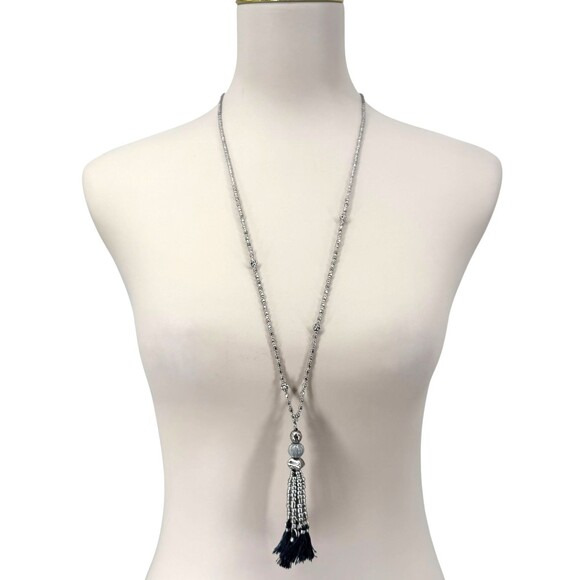 J. Jill Charm Tassel Necklace Long Silver Tone Beaded Blue Pendant 32” Boho NWT - Picture 6 of 13